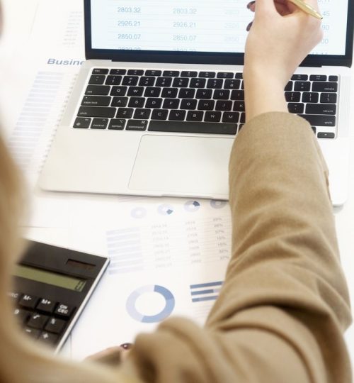 Business professional analyzing financial data on a laptop for strategic decision making.
